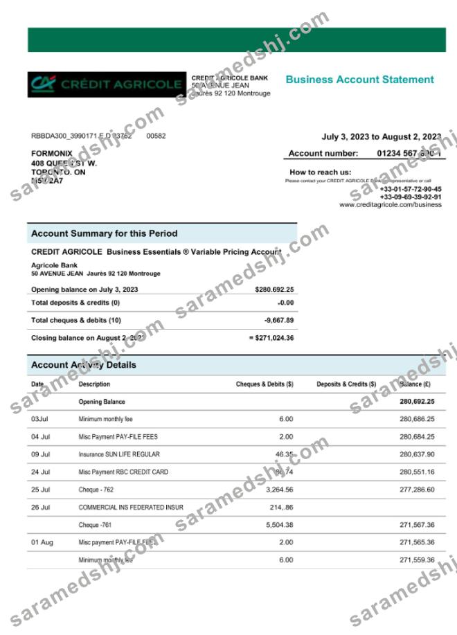 Credit Agricole Bank enterprise checking account statement Word and PDF template